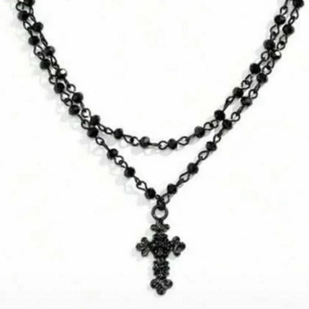 Black Beaded Cross Necklace - 2 piece - with adjustable chains